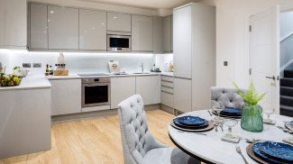 Kitchen and dining area at the Timber Yard show apartment, ©Galliard Homes.