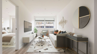 Living area in a Newacre House apartment, computer generated image intended for illustrative use only, ©Galliard Homes.