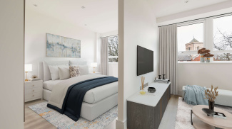 Living and bedroom area in a Newacre House studio apartment, computer generated image intended for illustrative use only, ©Galliard Homes.