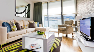 Living room at an Indescon Square show apartment, ©Galliard Homes.