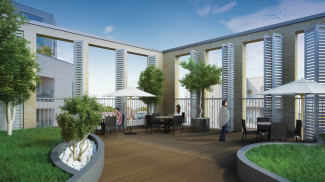 Landscaped roof garden at The Fusion, computer generated image intended for illustrative purposes only, ©Galliard Homes.