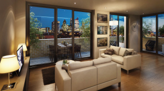 Living room and private terrace at The Fusion, computer generated image intended for illustrative purposes only, ©Galliard Homes.