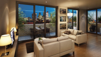 Living room and private terrace at The Fusion, computer generated image intended for illustrative purposes only, ©Galliard Homes.