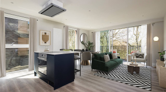 Living, kitchen and dining area in a Park Avenue Place apartment, computer generated image intended for illustrative use only, ©Galliard Homes.