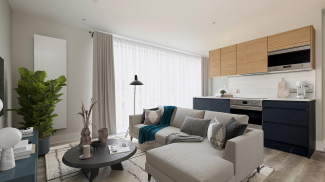 Living and kitchen area in a Park Avenue Place apartment, computer generated image intended for illustrative use only, ©Galliard Homes.