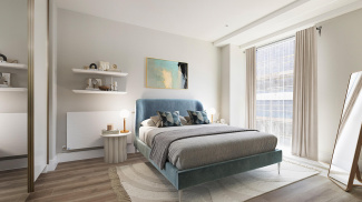 Bedroom in a Park Avenue Place apartment, computer generated image intended for illustrative use only, ©Galliard Homes.