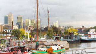 Dockside near Tea Trade Wharf and view of Canary Wharf, ©Galliard Homes.