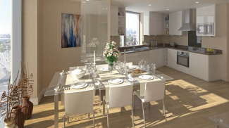 Open-plan kitchen and dining area at Capital Towers, computer generated image intended for illustrative purposes only, ©Galliard Homes.