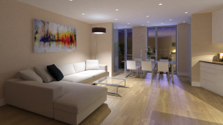 Open-plan living and dining area at Capital Towers, computer generated image intended for illustrative purposes only, ©Galliard Homes.