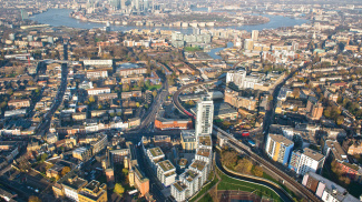Aerial view of the whole Distillery development, computer generated image intended for illustrative purposes only, ©Galliard Homes.