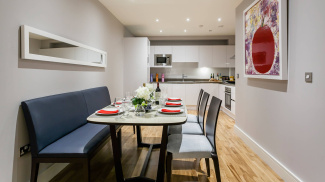 Kitchen and dining area in a Galliard Homes’ show apartment, ©Galliard Homes.