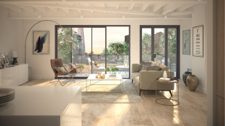 Kitchen, living and dining area at Design House, computer generated image intended for illustrative purposes only ©Acorn Property Group.