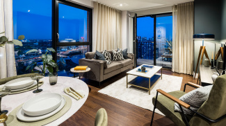 Open-plan kitchen, living and dining area at an Orchard Wharf apartment, ©Galliard Homes.
