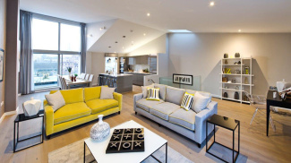 Living room at the Newspaper House show apartment, computer generated image intended for illustrative purposes only, ©Galliard Homes.
