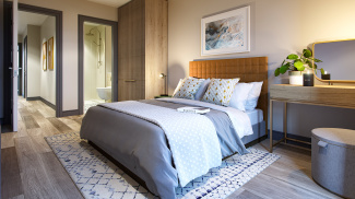 Bedroom at a Wickside apartment, computer generated image intended for illustrative purposes only, ©Galliard Homes.