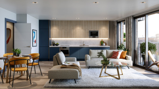 Open-plan kitchen, living and dining area at a Wickside apartment, computer generated image intended for illustrative purposes only, ©Galliard Homes.