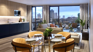 Open-plan kitchen, living and dining area at a Wickside apartment, computer generated image intended for illustrative purposes only, ©Galliard Homes.