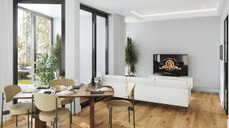 Living and dining area at an Arena Quayside duplex apartment, computer generated image for illustrative use only, ©Galliard Homes.