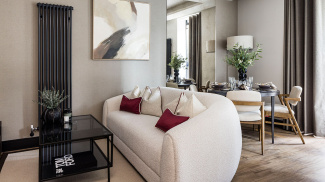 Living and dining area at an Arena Quayside duplex apartment, ©Galliard Homes.
