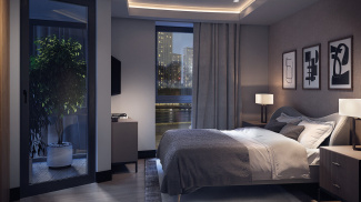 Bedroom at an Arena Quayside duplex apartment, computer generated image for illustrative use only, ©Galliard Homes.