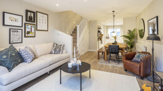 Open-plan kitchen, living and dining area at Brooks Dye Works, ©Acorn Property Group.