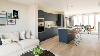 Open-plan kitchen, living and dining area at Brooks Dye Works, ©Acorn Property Group.