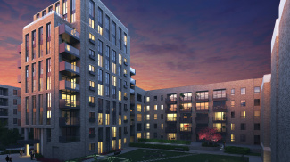 Marine Wharf East exterior and courtyard gardens, computer generated image intended for illustrative purposes only, ©Galliard Homes.