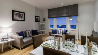 Living area in a show apartment at the Tool Works, ©Galliard Homes.