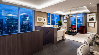 Open-plan living, kitchen and dining area at a Harbour Central duplex penthouse, ©Galliard Homes.