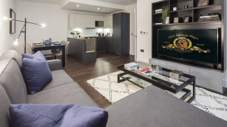 Kitchen and living area at a Harbour Central apartment, ©Galliard Homes.