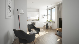 Open-plan kitchen, living and dining room in an apartment at The Landmark, computer generated image intended for illustrative purposes only, ©Galliard Homes.