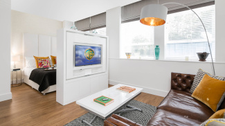 Living and bedroom area at the Langwood House showroom, ©Galliard Homes.