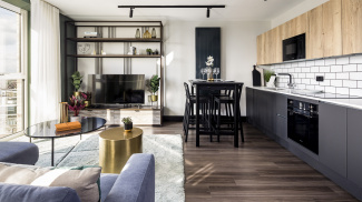 Open-plan living, kitchen and dining area at a Cityloft apartment, ©Galliard Homes.
