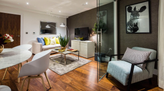 Open-plan living and dining area at the Lincoln Plaza show apartment, ©Galliard Homes.