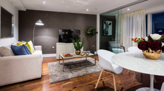 Open-plan living and dining area at the Lincoln Plaza show apartment, ©Galliard Homes.