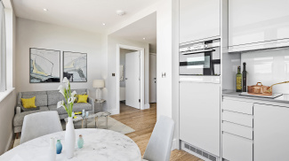 Open-plan kitchen, living and dining area at Rosebery House, computer generated image intended for illustrative purposes only, ©Galliard Homes.