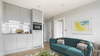 Open-plan kitchen, living and dining area at Rosebery House, computer generated image intended for illustrative purposes only, ©Galliard Homes.