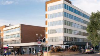 Rosebery House exterior and Springfield Road shops, computer generated image intended for illustrative purposes only, ©Galliard Homes.
