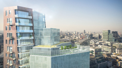 The Stage exterior and rooftop terrace, computer generated image intended for illustrative purposes only, ©Galliard Homes.