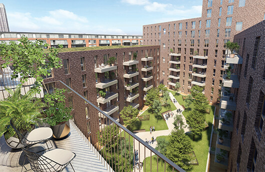 A CGI of the communal gardens at Timber Yard from a balcony