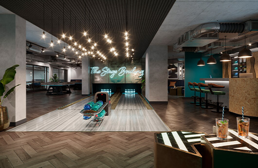 a bowling alley CGI for The Stage Shoreditch
