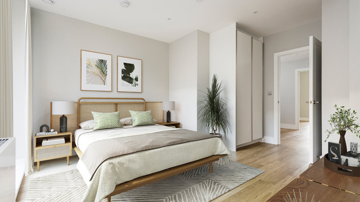 Bedroom at a Wimbledon Grounds apartment, computer generated image intended for illustrative use only, ©Galliard Homes.