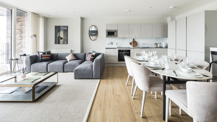 Open-plan kitchen, living and dining area at Wimbledon Grounds apartment, ©Galliard Homes.