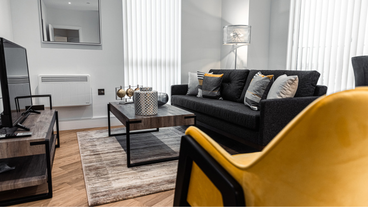 Open-plan living, kitchen and dining area at a Timber Yard apartment, ©Galliard Homes.