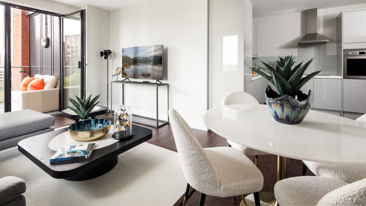 Open-plan kitchen, living and dining area at an Orchard Wharf apartment, ©Galliard Homes.