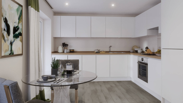 Kitchen and Dining Area at a Belgrave Village apartment, computer generated image intended for illustrative use only, ©Wavensmere