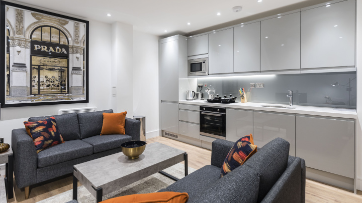 Open-plan kitchen and living area at Westgate House, ©Galliard Homes.