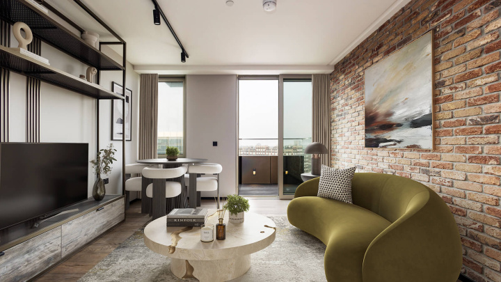 Living room of a studio apartment at The Stage, furniture superimposed for illustrative purposes only, ©Galliard Homes.