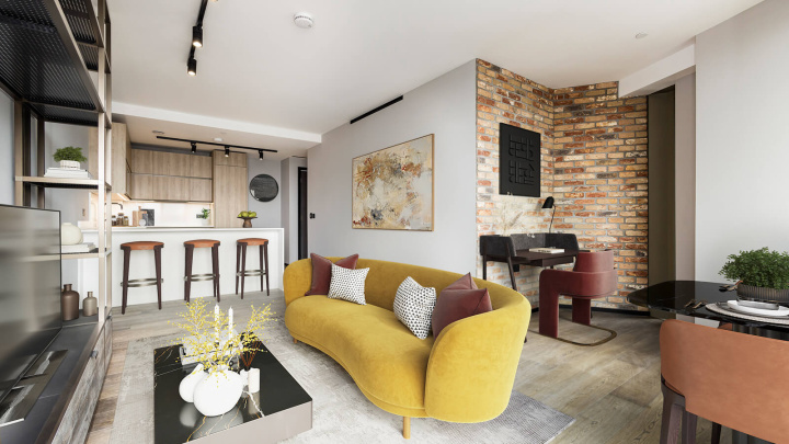 Open-plan living / dining room and kitchen at Apartment 608 The Stage, furniture superimposed for illustrative purposes only, ©Galliard Homes.