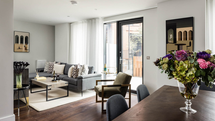 Living area at an Orchard Wharf Duplex Apartment, ©Galliard Homes.